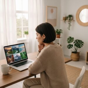 Meilleur blog voyage, une femme regardant des photos de voyage sur un ordinateur portable, posé sur un bureau, dans un intérieur lumineux.