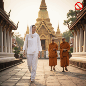 Une femme vêtue entièrement de blanc marche dans l'enceinte d'un temple bouddhiste en Thaïlande, avec des moines en arrière-plan et un signe d'interdiction superposé, illustrant la nuance du blanc comme couleur à considérer avec précaution (rappelant le deuil) dans certains contextes locaux.